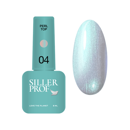 Siller Perl Top #04 in an 8ml bottle. A professional glossy mint-green iridescent pearl top coat for a shimmering gel polish finish