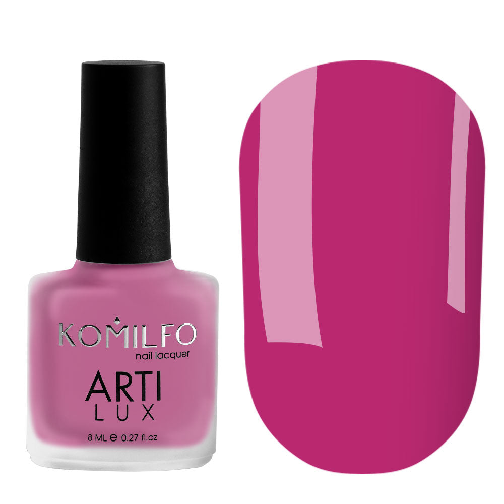 Komilfo ARTI LUX 016 Nail Lacquer 8ml bottle and color swatch (Bright fuchsia pink enamel polish)