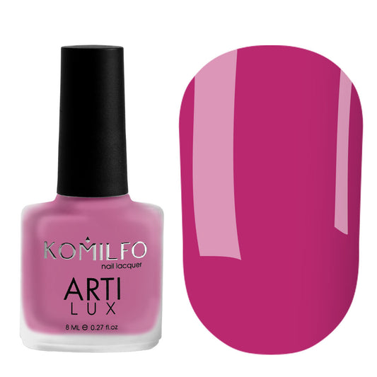 Komilfo ARTI LUX 016 Nail Lacquer 8ml bottle and color swatch (Bright fuchsia pink enamel polish)