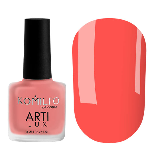 Komilfo ARTI LUX 018 Nail Lacquer 8ml bottle and color swatch (Bright coral red enamel polish)