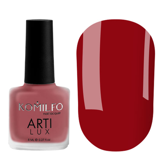 Komilfo ARTI LUX 021 Nail Lacquer 8ml bottle and color swatch (Deep dark red enamel polish)