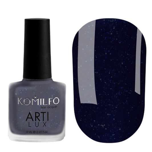 Komilfo ARTI LUX 027 Nail Lacquer 8ml bottle and color swatch (Deep navy blue polish with glitter/shimmer)