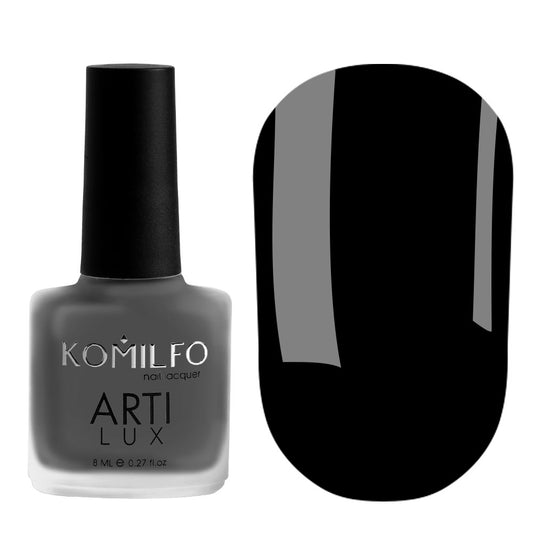 Komilfo ARTI LUX 029 Nail Lacquer 8ml bottle and color swatch (Opaque black enamel polish)