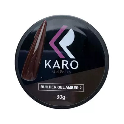 KARO Professional Builder Gel Amber 2 in a 30g jar. A deep translucent brown sculpting gel for professional nail extensions.