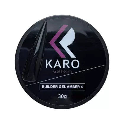 KARO Professional Builder Gel Amber 4 in a 30g jar. A translucent smoke black sculpting gel for professional nail extensions and glass art effects.