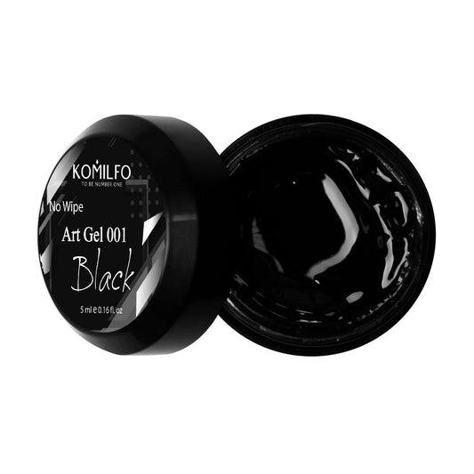 Komilfo No Wipe Art Gel Black #001 (5ml) jar (Ultra-pigmented black gel paint for detailed no-wipe nail art)