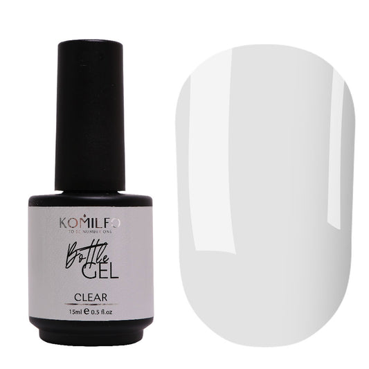 Komilfo Bottle Gel Clear 15ml bottle and transparent color swatch for nail extensions and strengthening