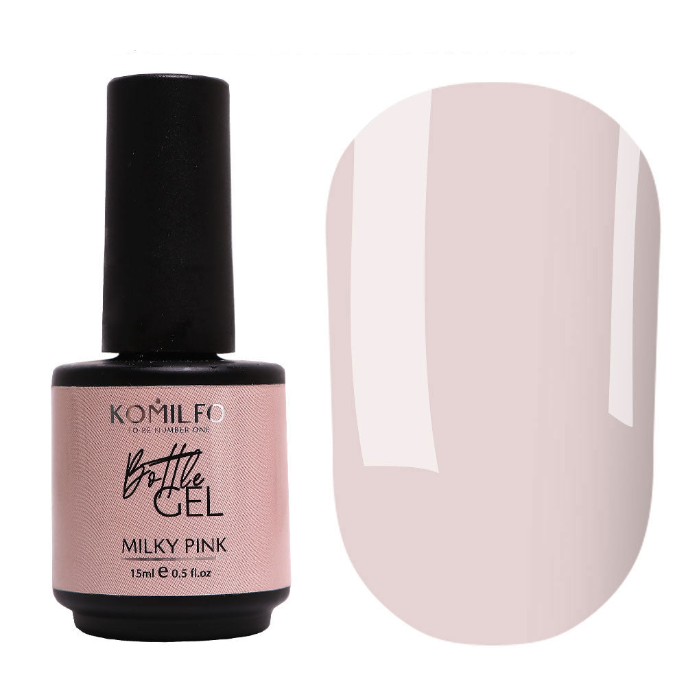 Komilfo Bottle Gel Milky Pink 15ml bottle and opaque soft milk pink color swatch
