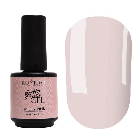 Komilfo Bottle Gel Milky Pink 15ml bottle and opaque soft milk pink color swatch