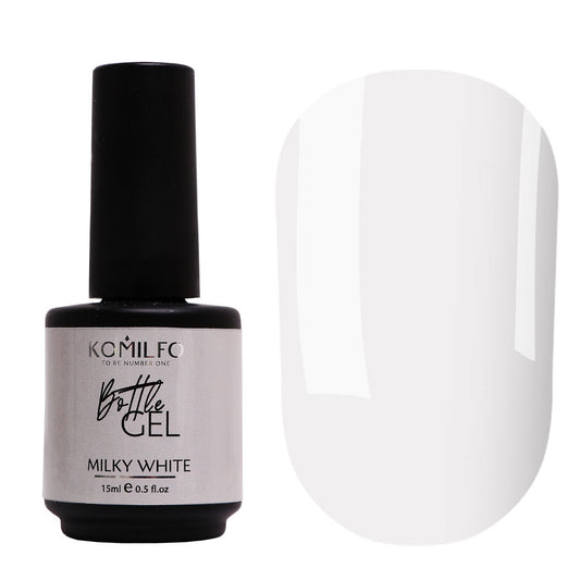 Komilfo Bottle Gel Milky White 15ml bottle and opaque soft milky white color swatch