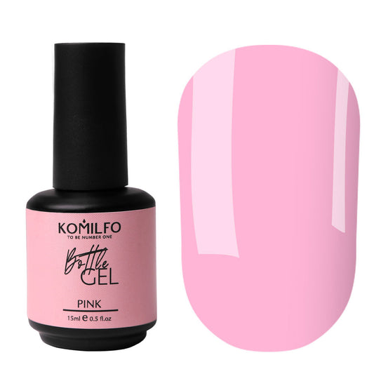 Komilfo Bottle Gel Pink 15ml bottle and opaque true pink color swatch