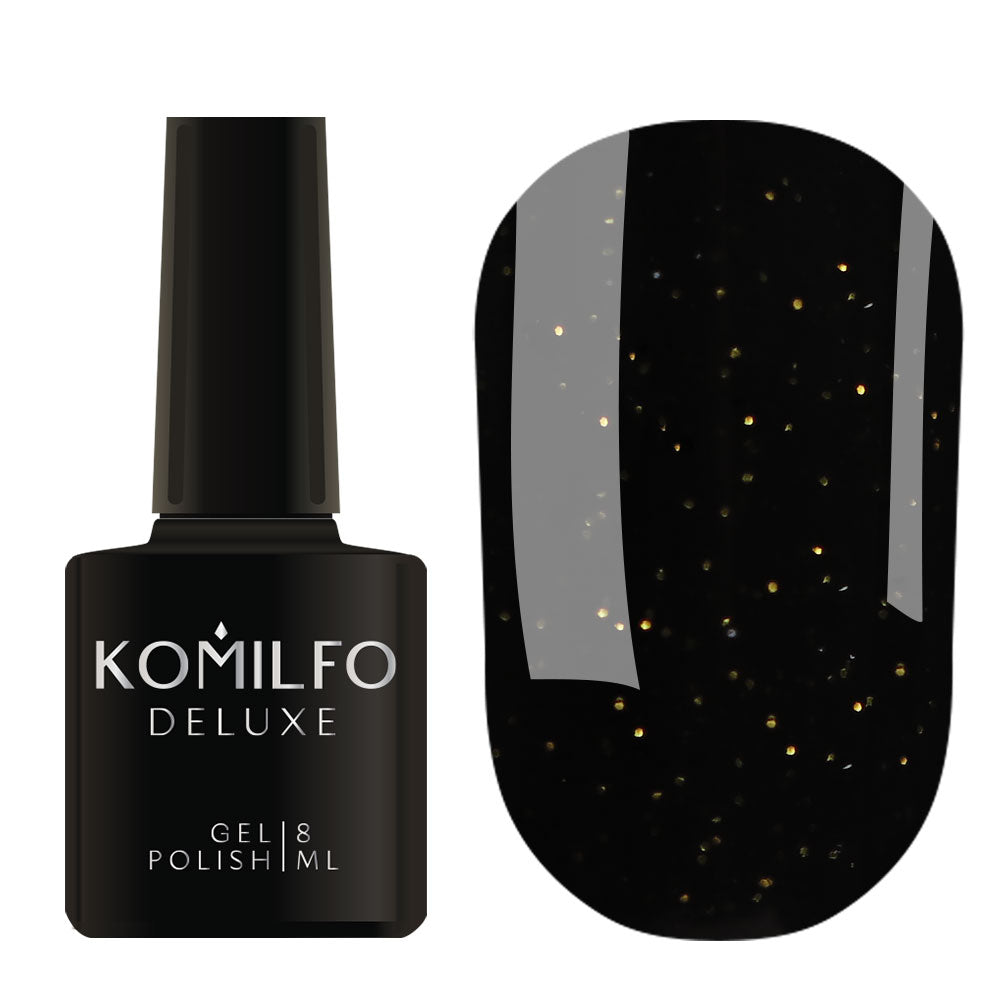 Komilfo Gel Polish Black Gold (8ml) bottle and swatch (Opaque black gel polish with fine gold glitter)