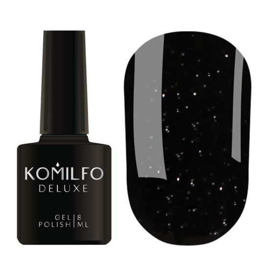 Komilfo Gel Polish Black Silver (8ml) bottle and swatch (Opaque black gel polish with silver glitter and speckles)