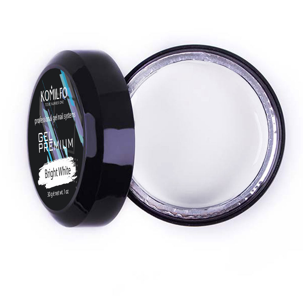 Komilfo Gel Premium Bright White 30g professional jar, an opaque white hard builder gel for French tips and nail extensions.
