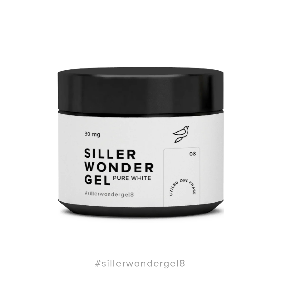 Siller Wonder Gel #08 Pure White, 30 ml jar. A professional one-phase UV/LED builder gel for extensions and strengthening in a dense bright white.