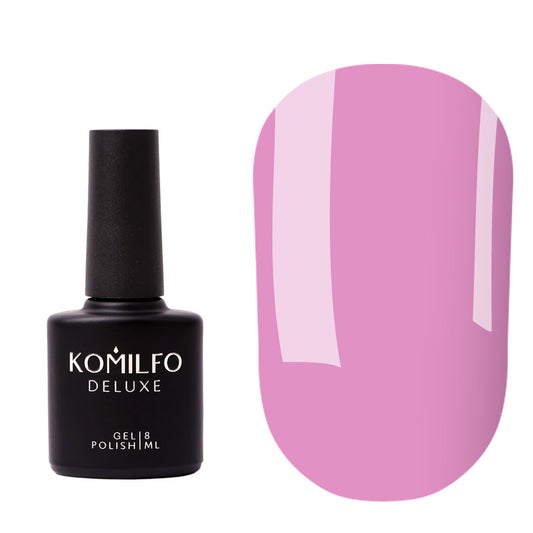 Komilfo Color Base Candy Pink (8ml) bottle and swatch (Translucent light pink / pink-purple pigmented base coat for strengthening nails)