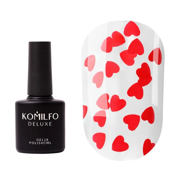 Komilfo No Wipe Lamour Rose Top Coat (8ml) bottle and swatch (Clear glossy top coat with pink heart-shaped glitter)