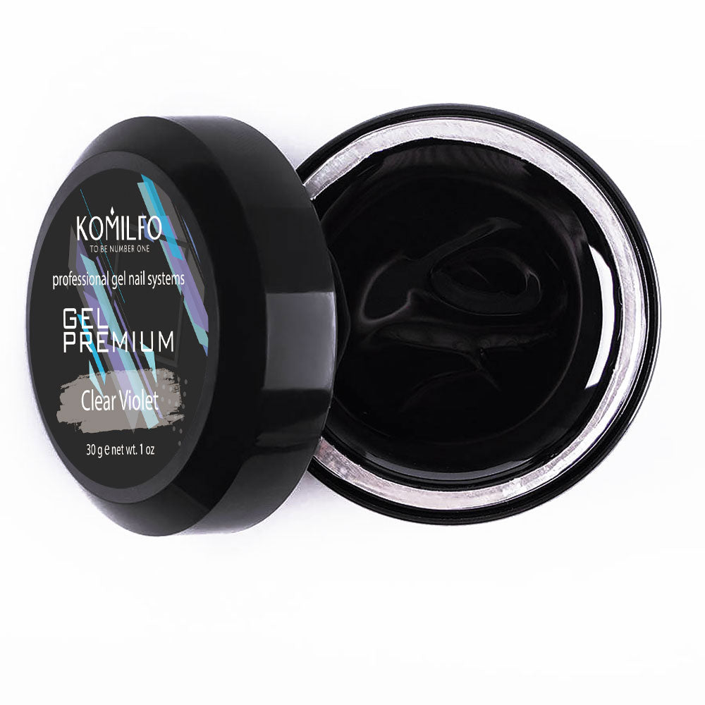 Komilfo Gel Premium Clear Violet 30g professional jar, a transparent hard builder gel with a violet tint for non-yellowing nail extensions.