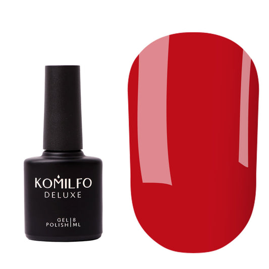 Komilfo Color Base Confident Red (8ml) bottle and swatch (Opaque classic red pigmented base coat for strengthening nails)