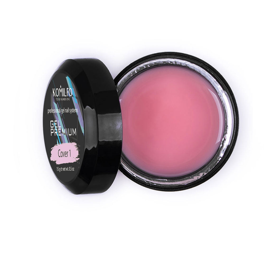 Komilfo Gel Premium Cover 1 15g jar, a warm bubblegum pink opaque hard builder gel for nail extensions