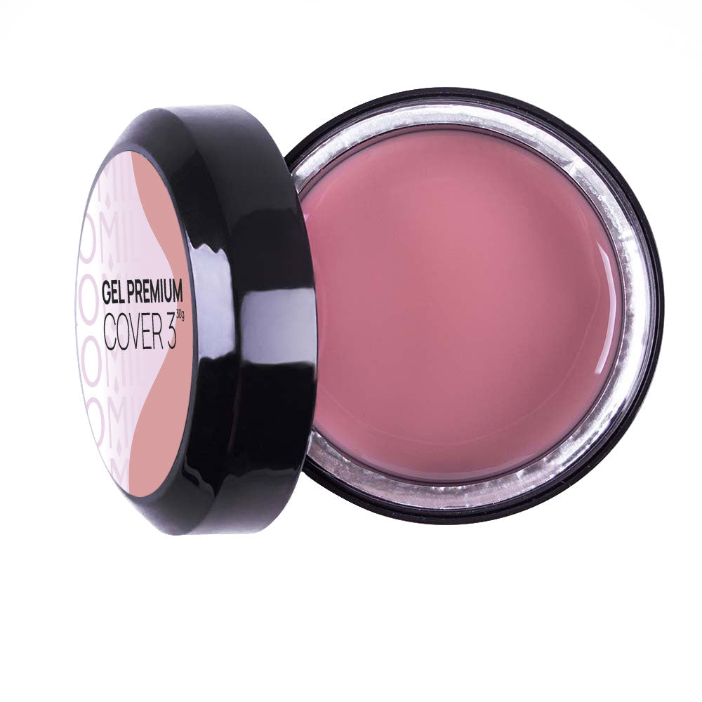 Komilfo Gel Premium Cover 3 30g jar, a deep dusty rose mauve opaque hard builder gel for professional nail extensions.