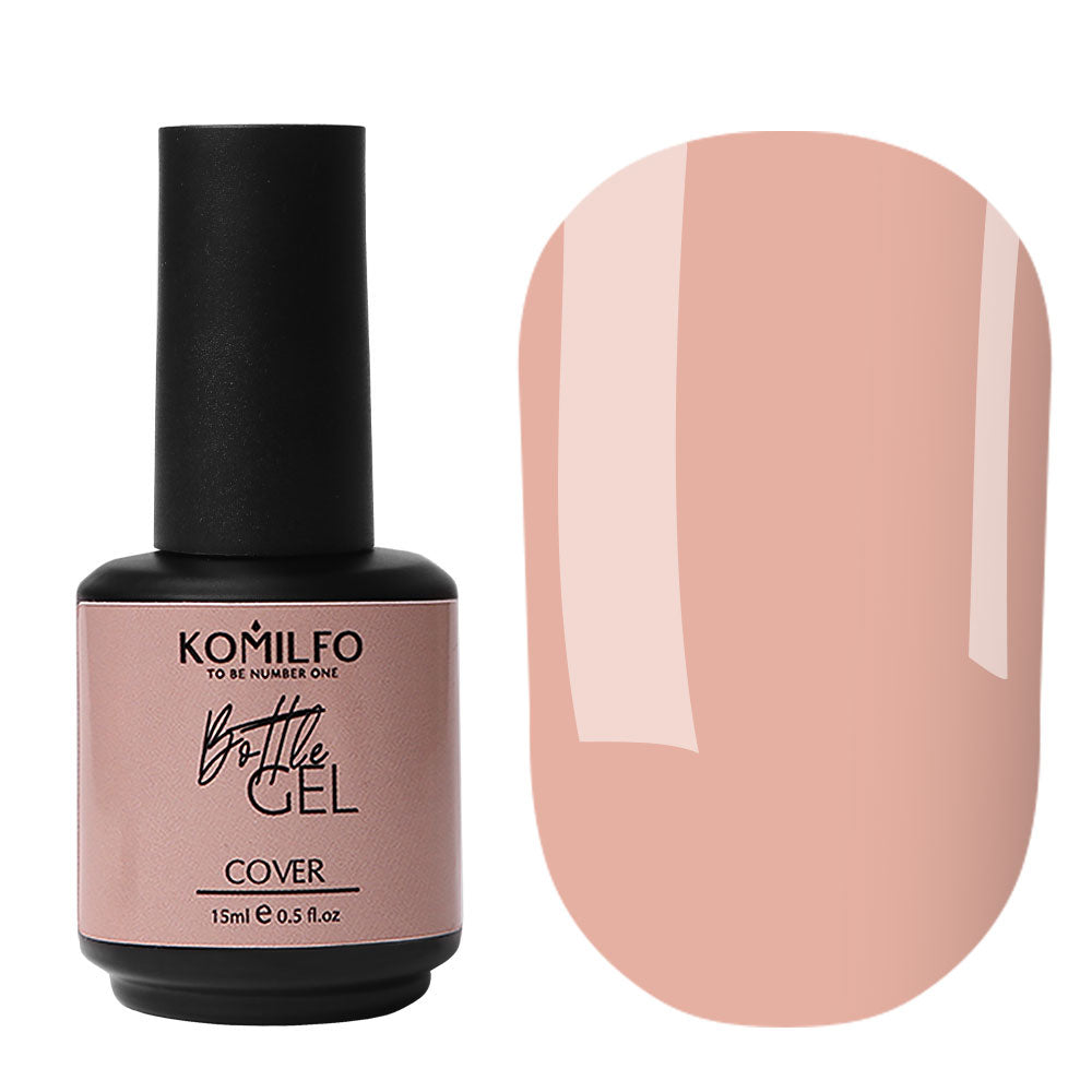 Komilfo Bottle Gel Cover 15ml bottle and opaque natural nude cover beige color swatch