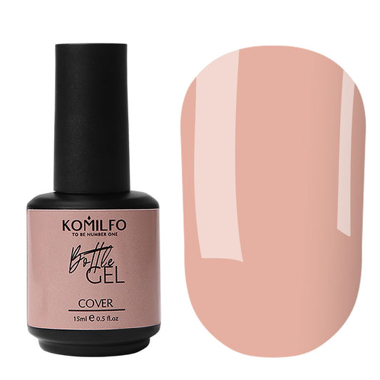 Komilfo Bottle Gel Cover 15ml bottle and opaque natural nude cover beige color swatch