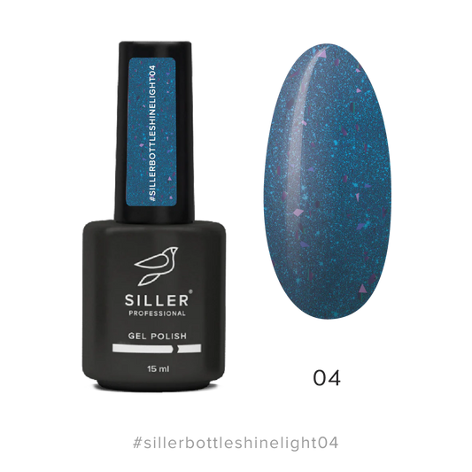 Siller Bottle Shine Light Gel #04 in a 15ml bottle. A professional teal blue builder gel with shimmering decorative potal flakes.
