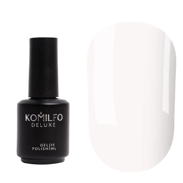 Komilfo Rubber Base Milky White 15ml bottle and soft white color swatch