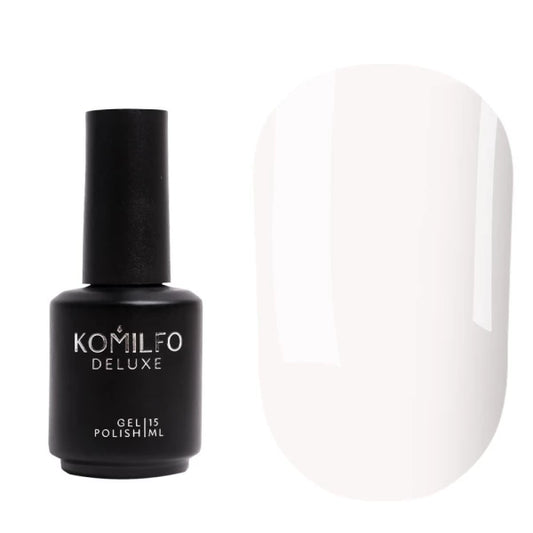 Komilfo Rubber Base Milky White 15ml bottle and soft white color swatch