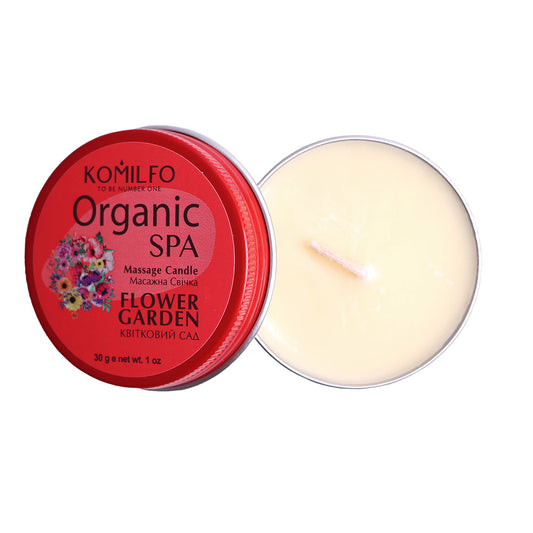 Komilfo Organic SPA Massage Candle Flower Garden (30g) in a red tin container, showing the wick and wax oil.