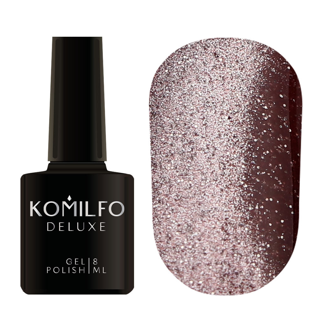 Komilfo Fairytale Cat Eye 8ml F002 bottle and swatch (Rose gold magnetic gel polish with reflective sparkle