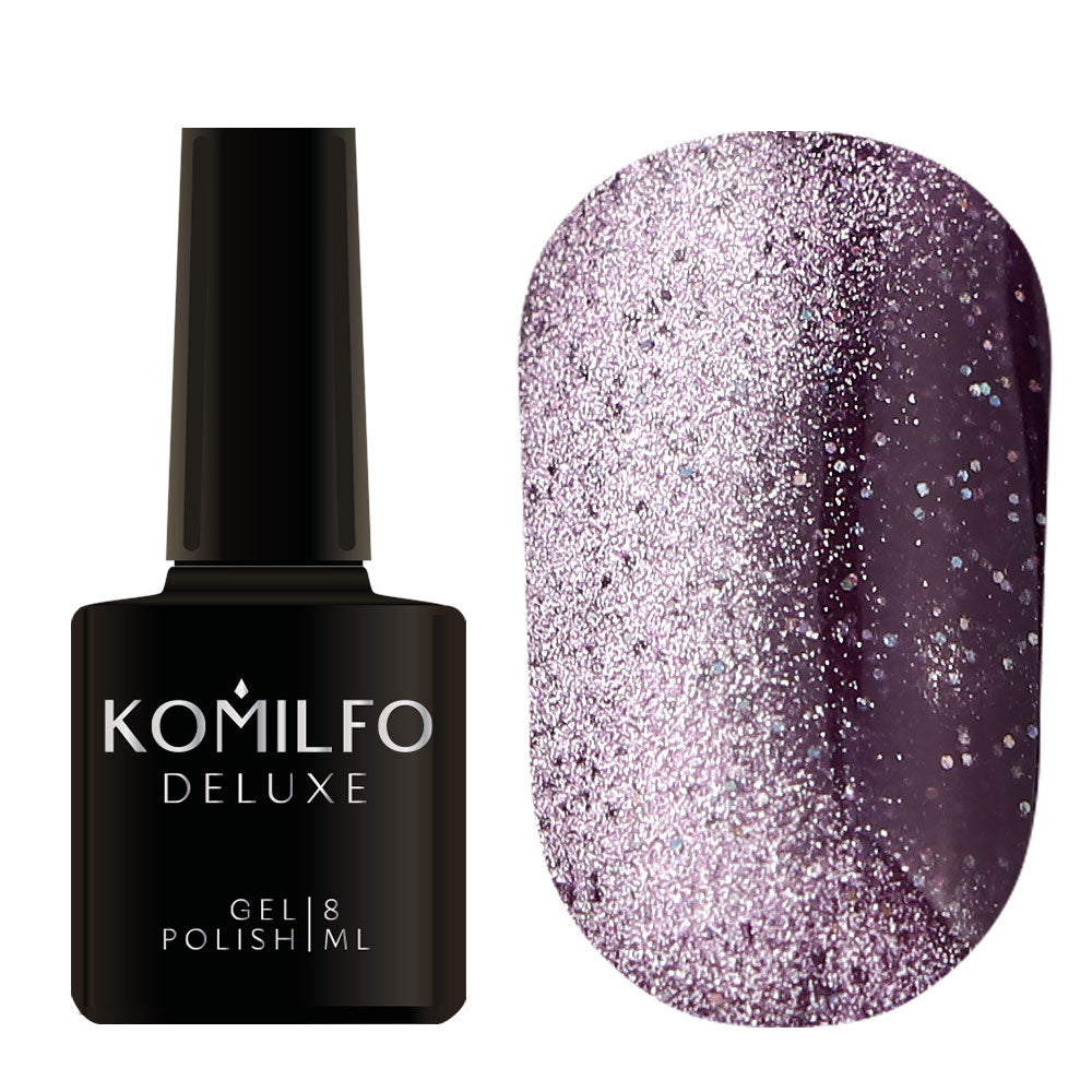Komilfo Fairytale Cat Eye 8ml F004 bottle and swatch (Deep purple magnetic gel polish with reflective silver sparkle)