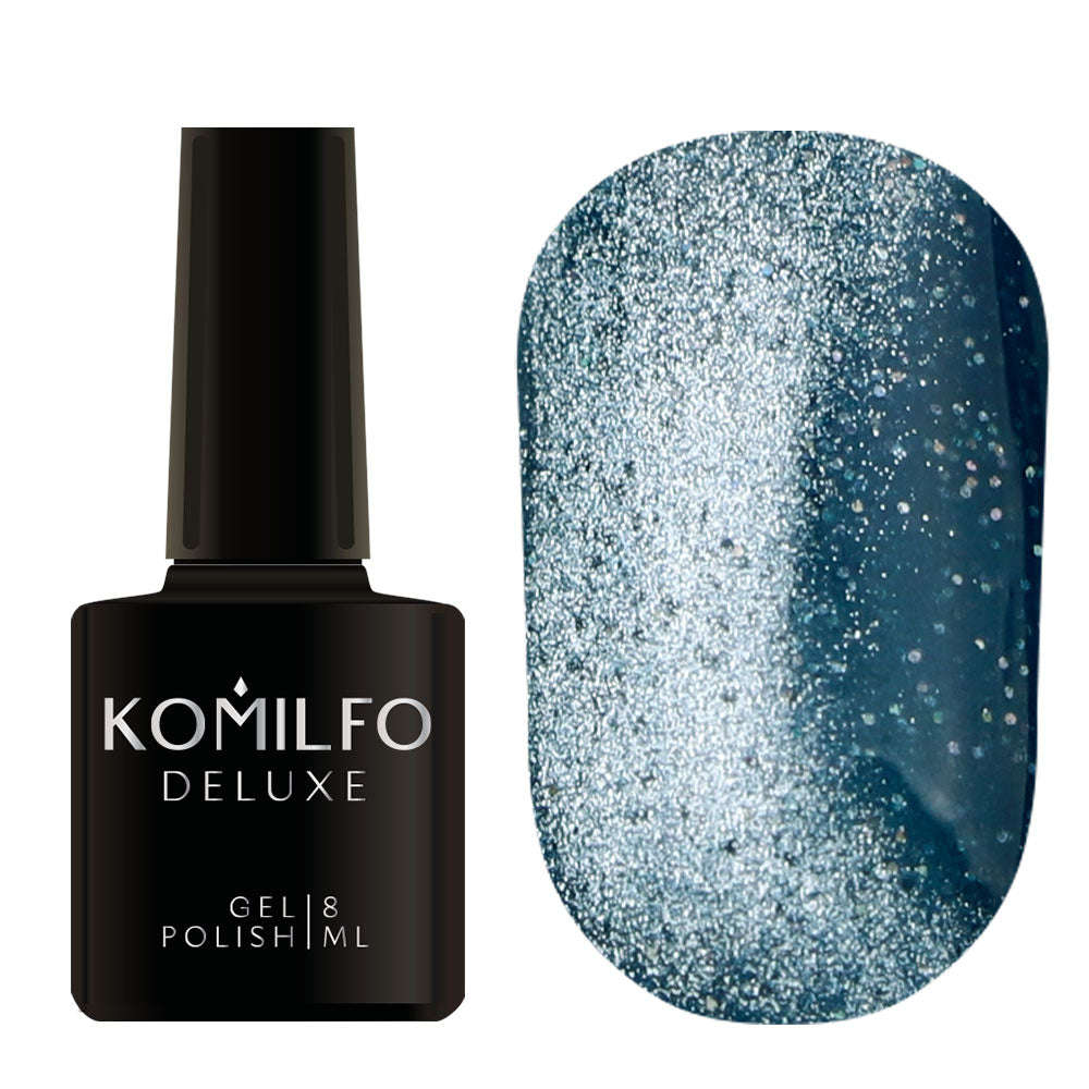 Komilfo Fairytale Cat Eye 8ml F005 bottle and swatch (Deep pale blue magnetic gel polish with reflective silver sparkle)