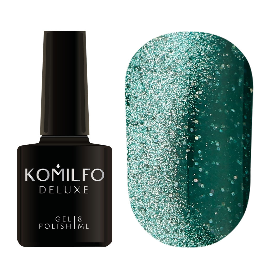 Komilfo Fairytale Cat Eye 8ml F006 bottle and swatch (Deep teal/pale green magnetic gel polish with reflective silver sparkle)