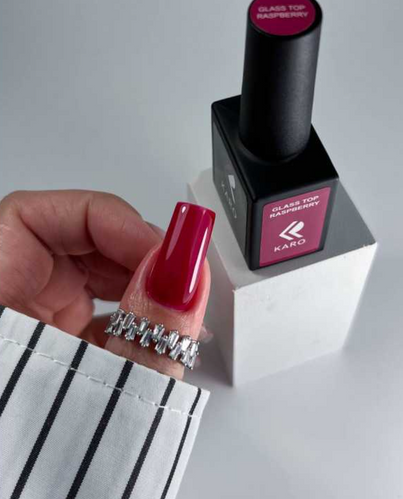KARO Glass Top Raspberry 10ml bottle. Translucent berry red high-gloss top coat for jelly nail effects and juicy fruity shine.