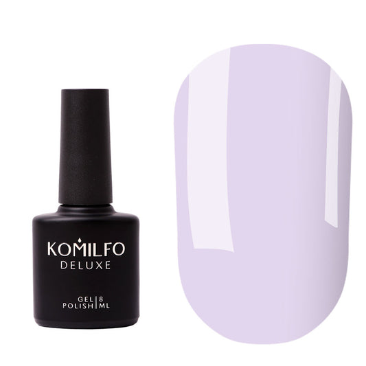 Komilfo Color Base French Lilac (8ml) bottle and swatch (Translucent light purple / French lilac pigmented base coat for strengthening nails)