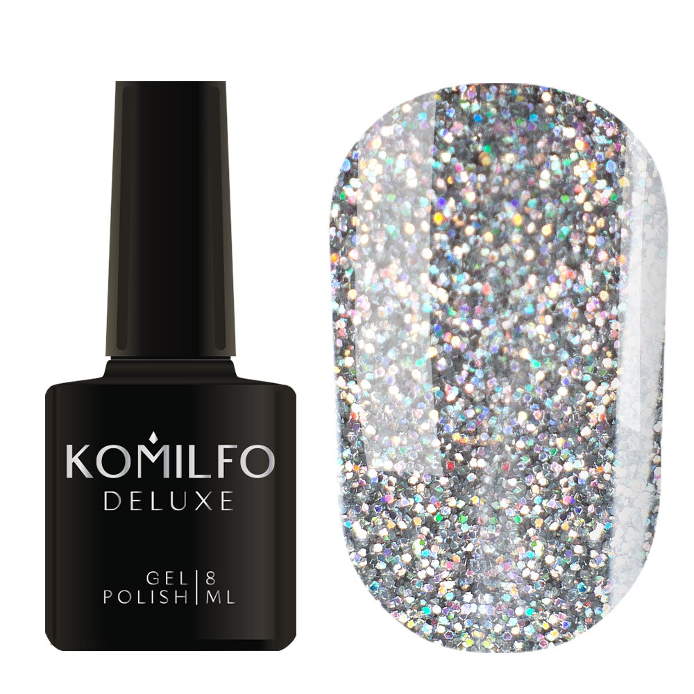 Komilfo Deluxe Gel Polish 8ml G007 Saturated Silver Holographic Glitter bottle and swatch (Intense rainbow-reflecting micro-glitter