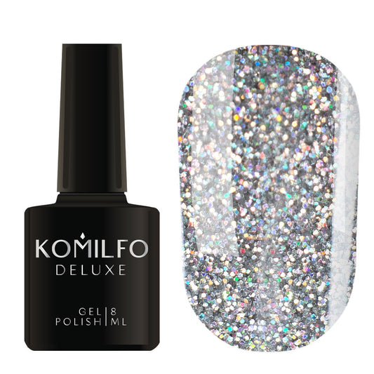 Komilfo Deluxe Gel Polish 8ml G007 Saturated Silver Holographic Glitter bottle and swatch (Intense rainbow-reflecting micro-glitter