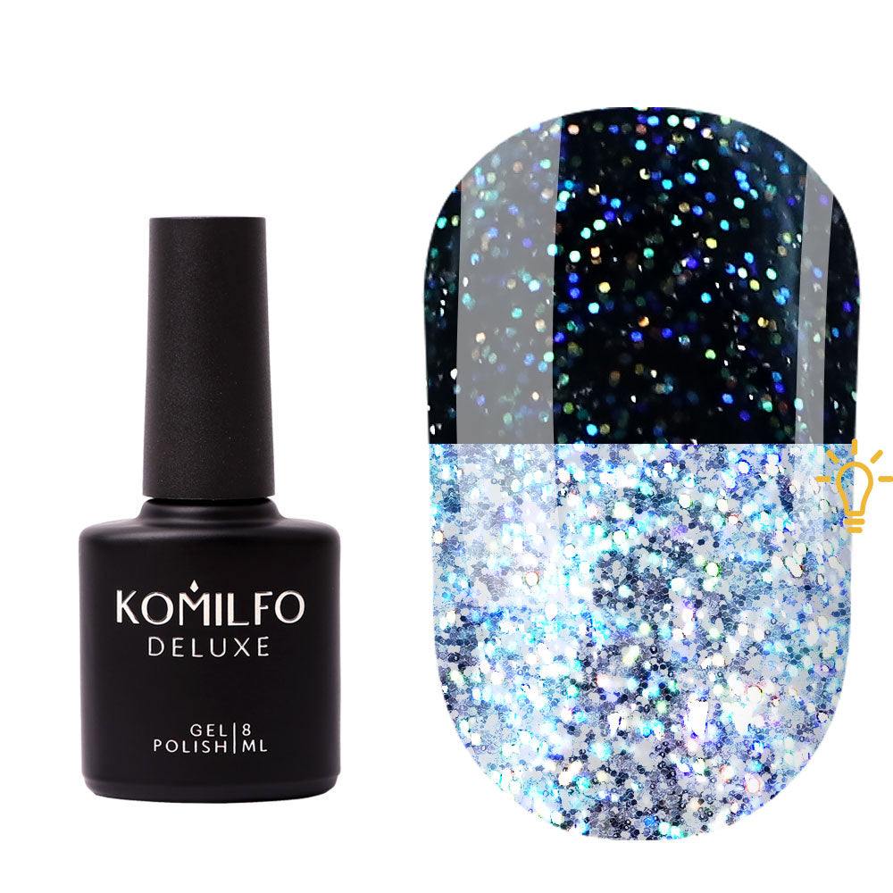 Komilfo Galaxy Top 002 No-Wipe Top Coat (8ml) bottle and swatch (Dark glitter and bright reflective glitter effect)