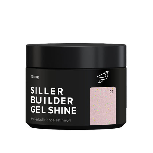 Siller Builder Gel Shine #04 Lavender-Pink Shimmer, 15 mg jar. A professional shimmering pink-lavender UV/LED builder gel for decorative nail extensions.