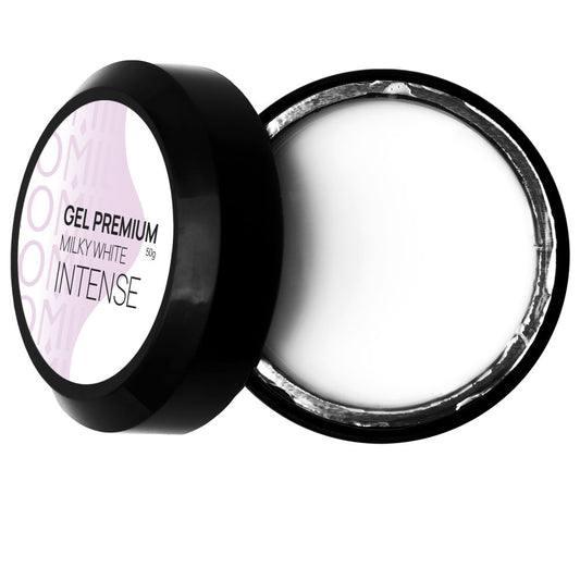 Komilfo Gel Premium Milky White Intense 50g professional jar, an opaque soft milky white hard builder gel.