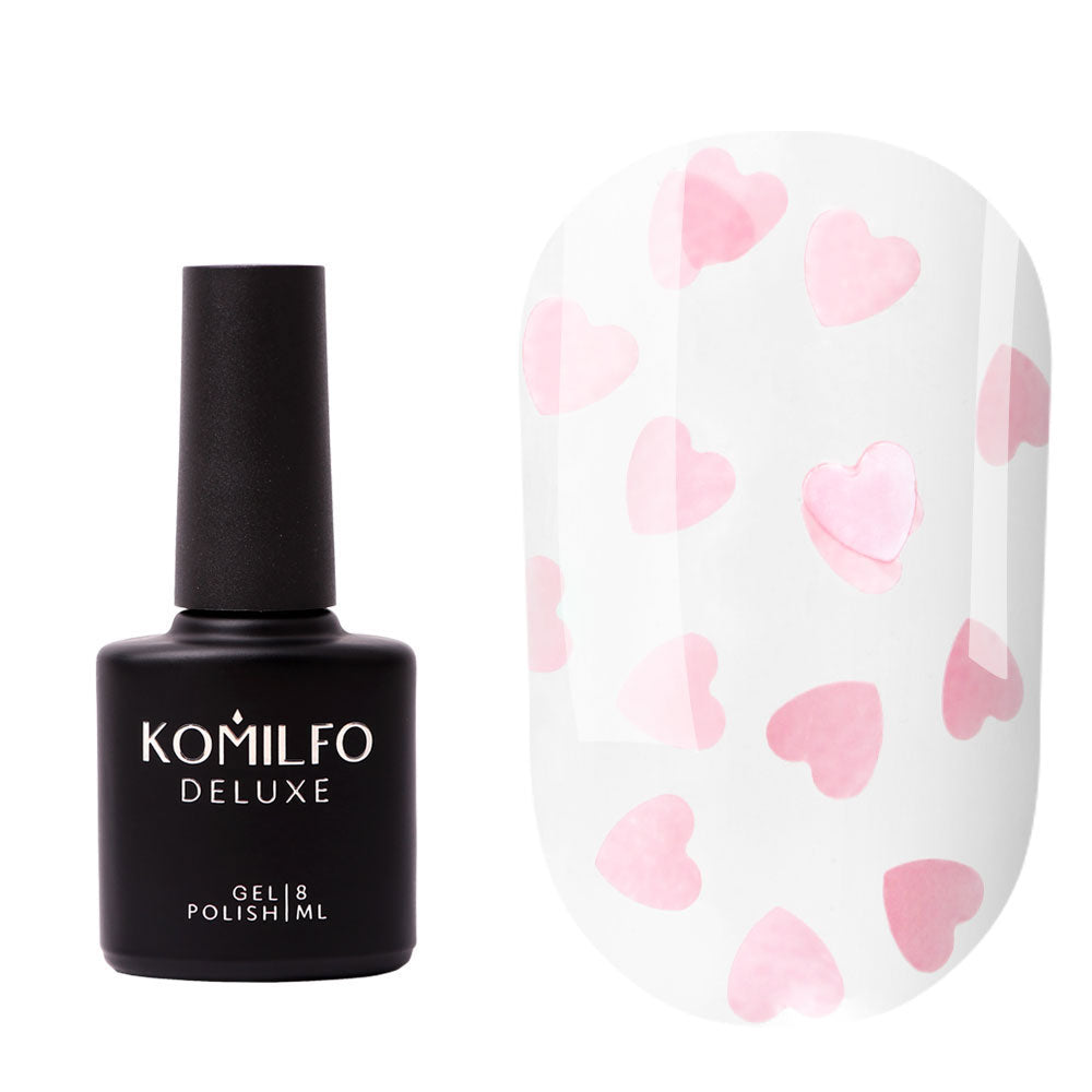 Komilfo No Wipe L’amour Rose Top Coat (8ml) bottle and swatch (Clear glossy top coat with pink heart-shaped glitter)
