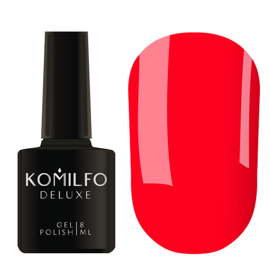 Komilfo Deluxe Gel Polish 8ml K007 Muted Coral Neon (Kaleidoscopic) bottle and swatch (Bright Red-Coral)