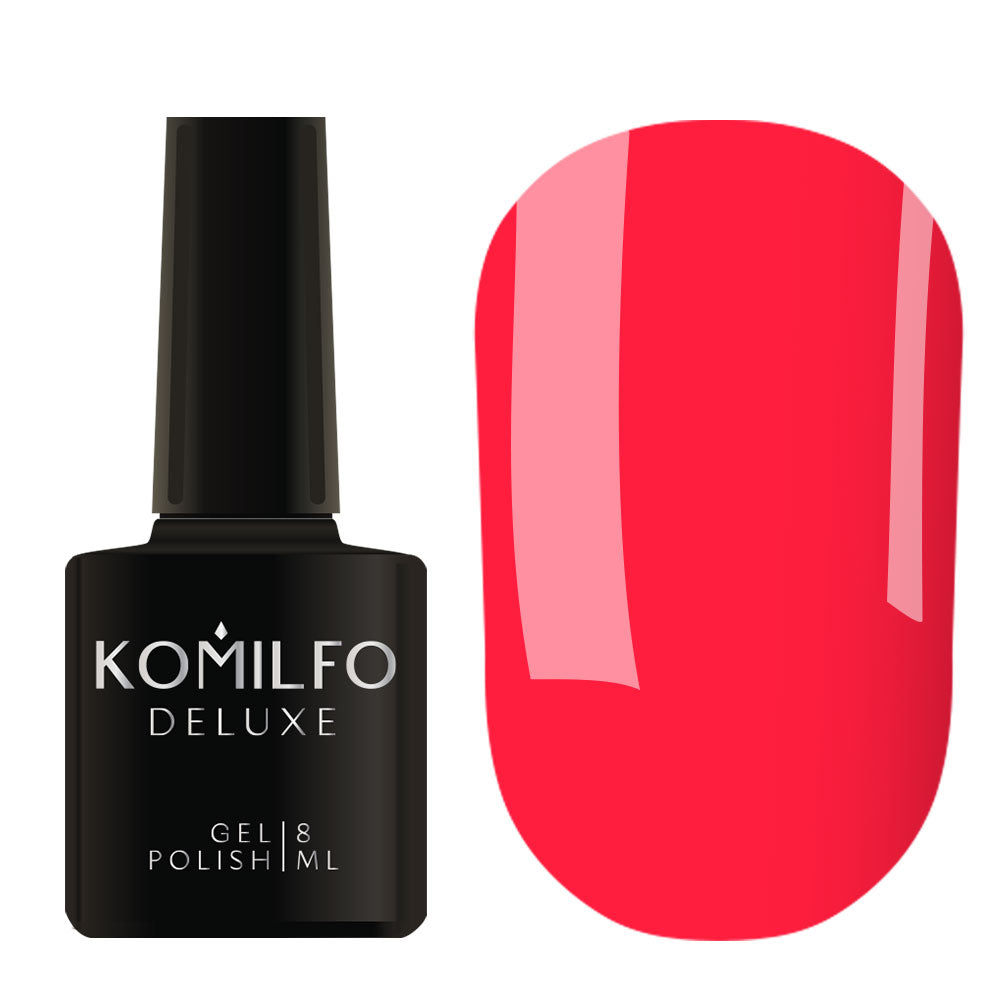 Komilfo Deluxe Gel Polish 8ml K009 Bright Pink Neon (Kaleidoscopic) bottle and swatch (Intense Hot Pink)