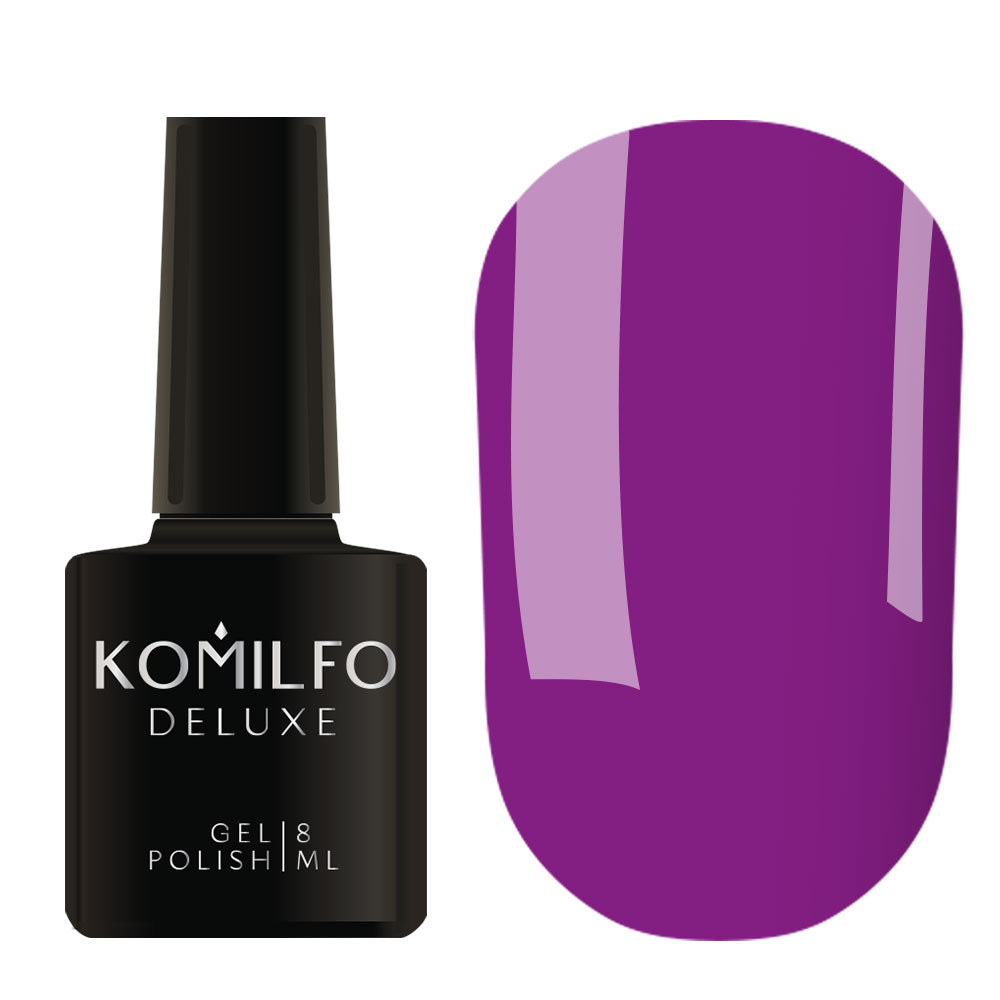 Komilfo Deluxe Gel Polish 8ml K011 Purple Neon (Kaleidoscopic) bottle and swatch (Intense Deep Violet