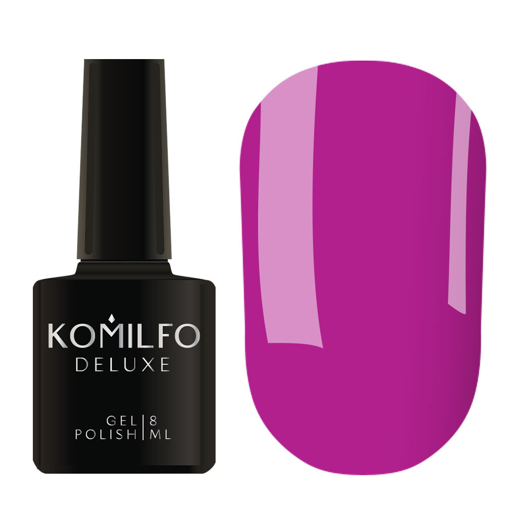 Komilfo Deluxe Gel Polish 8ml K012 Berry Violet Neon (Kaleidoscopic) bottle and swatch (Intense Magenta-Violet)
