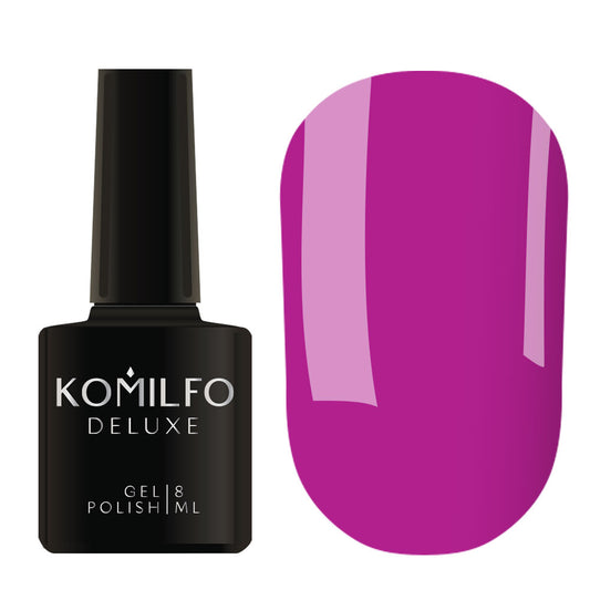 Komilfo Deluxe Gel Polish 8ml K012 Berry Violet Neon (Kaleidoscopic) bottle and swatch (Intense Magenta-Violet)