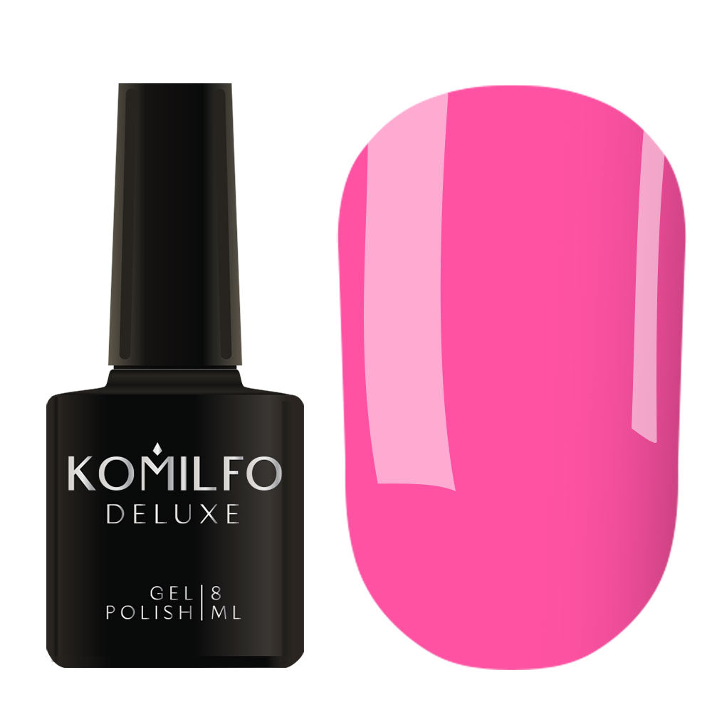 Komilfo Deluxe Gel Polish 8ml K014 Hot Pink Neon (Kaleidoscopic) bottle and swatch (Intense Hot Pink)