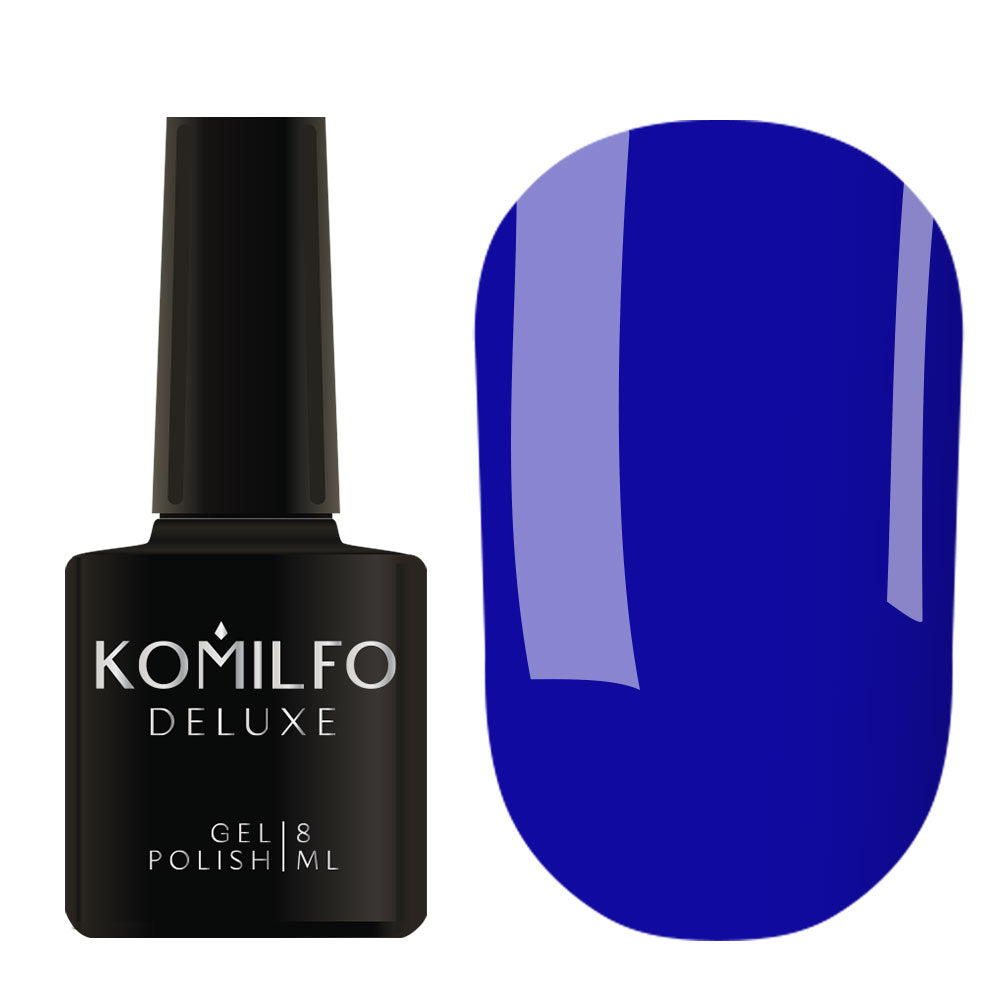 Komilfo Deluxe Gel Polish 8ml K015 Blue Neon (Kaleidoscopic) bottle and swatch (Intense Electric Royal Blue)